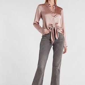 Express Satin Portofino Tie Front Shirt Small- Blushing Mauve